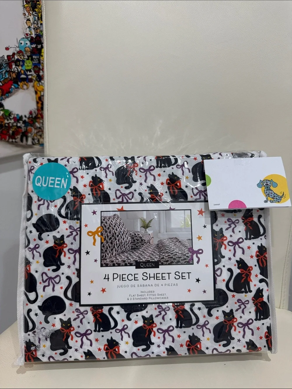 Halloween White//Purple/Orange Black Cats/Stars/Bows Queen Sheet Set